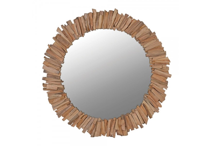 Etno nástenné zrkadlo Pieza s okrúhlym tvarom a rámom z vrstvených kúskov prírodného hnedého dreva rôznej výšky s nepravidelným okrajom
