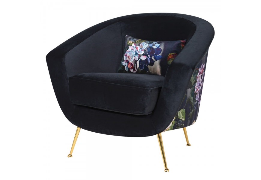 Exkluzívne čierne Art-deco kreslo Tulip I s farebnými kvetmi a zlatými nohami