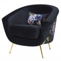 Exkluzívne čierne Art-deco kreslo Tulip I s farebnými kvetmi a zlatými nohami