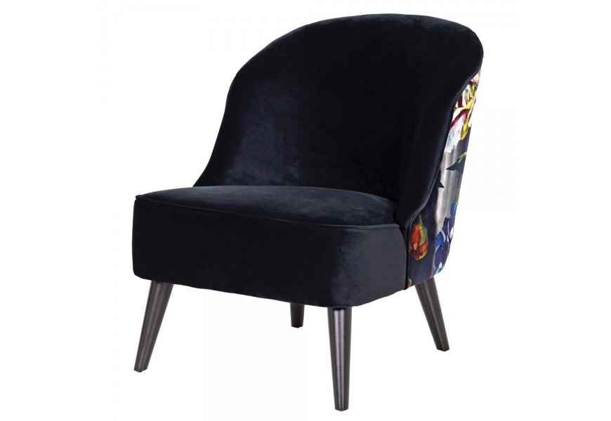 Luxusné čierne Art-deco kreslo Tulip II s farebnými kvetmi a čiernymi nohami z dreva