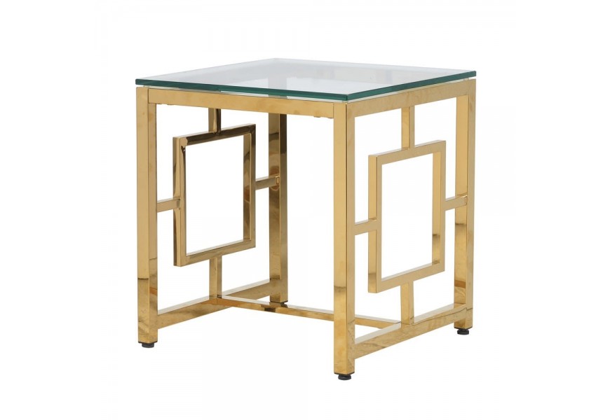 Art-deco zlatý štvorcový geometrický stolík Geoda s priesvitnou doskou zo skla
