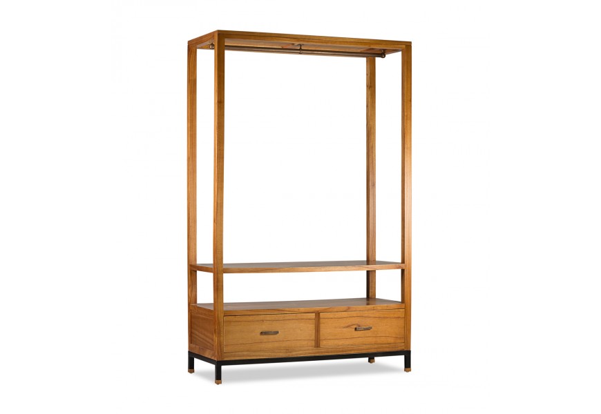 Luxusný otvorený šatník Madhu z masívneho dreva mindi v hnedom prevedení s poličkou a dvomi zásuvkami