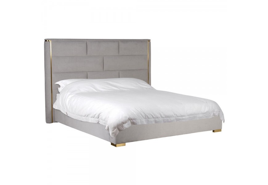 Art-deco sivá manželská posteľ Trissa s prešívaným čelom a dekoratívnym zlatým orámovaním 224cm