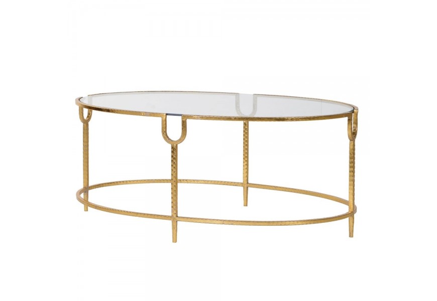 Elegantný oválny Art-deco konferenčný stolík Luidy so zlatými nohami a doskou zo skla