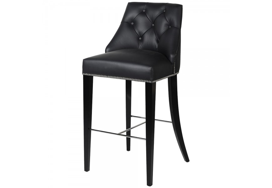 Zámocká čierna barová stolička Selmano s koženým prešivaným poťahom a striebornými detailmi