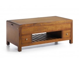 Dizajnový koloniálny konferenčný stolík z masívneho dreva mindi s dvomi zásuvkami a vyklápacou povrchovou doskou