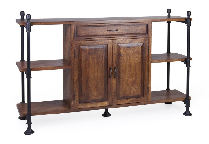 Dizajnový industriálny príborník HIERRO z masívneho mangového dreva s čiernou kovovou konštrukciou, s poličkami a dvierkami