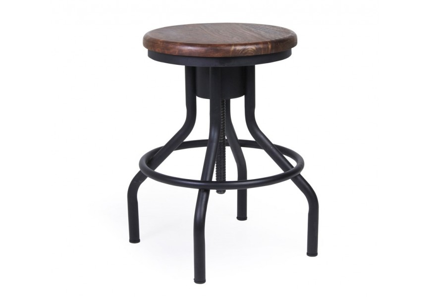 Dizajnová industriálna okrúhla stolička Hierro z masívneho mangového dreva a kovu s nastaviteľnou veľkosťou