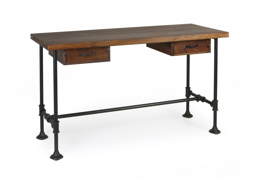 Dizajnový industriálny pracovný stolík Hierro z masívneho magového dreva s čiernou kovovou konštrukciou a s dvomi zásuvkami