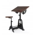 Dizajnový industriálny rysovací stôl s taburetkou HIERRO z masívneho mangového dreva s čiernou kovovou konštrukciou s nastaviteľ