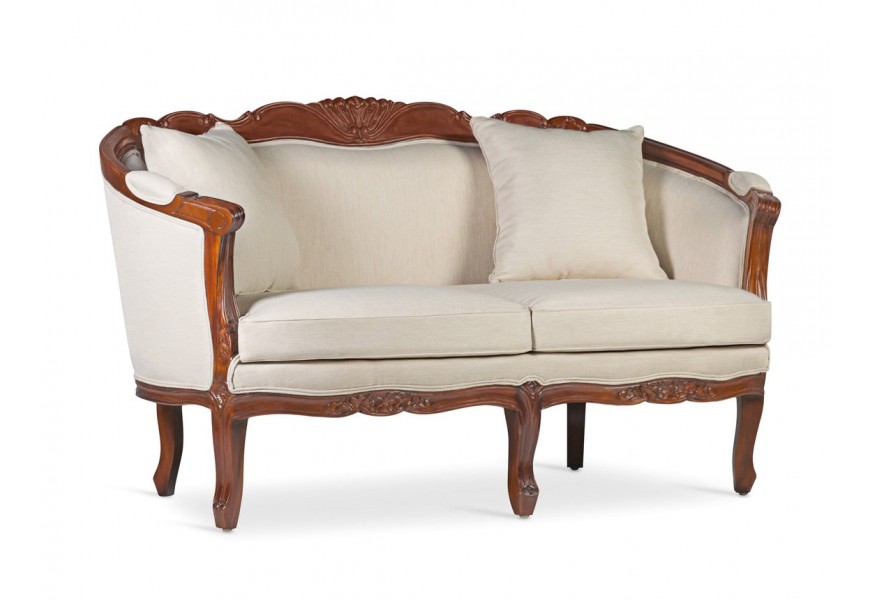 Luxusná koloniálna sedačka M-Vintage z mahagónového dreva s vyrezávaním a s béžovým poťahom
