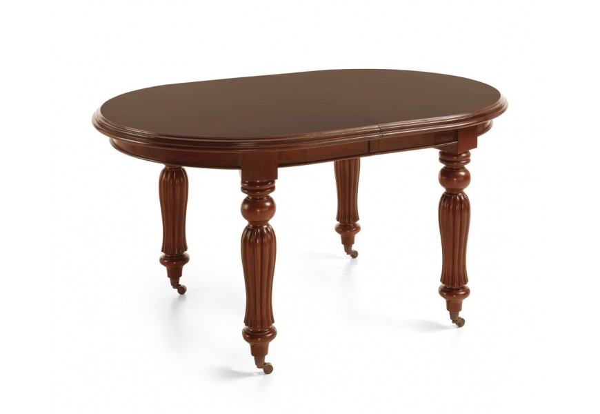 Rustikálny oválny rozkladací jedálenský stôl vyrezávaný zdobený tmavohnedý