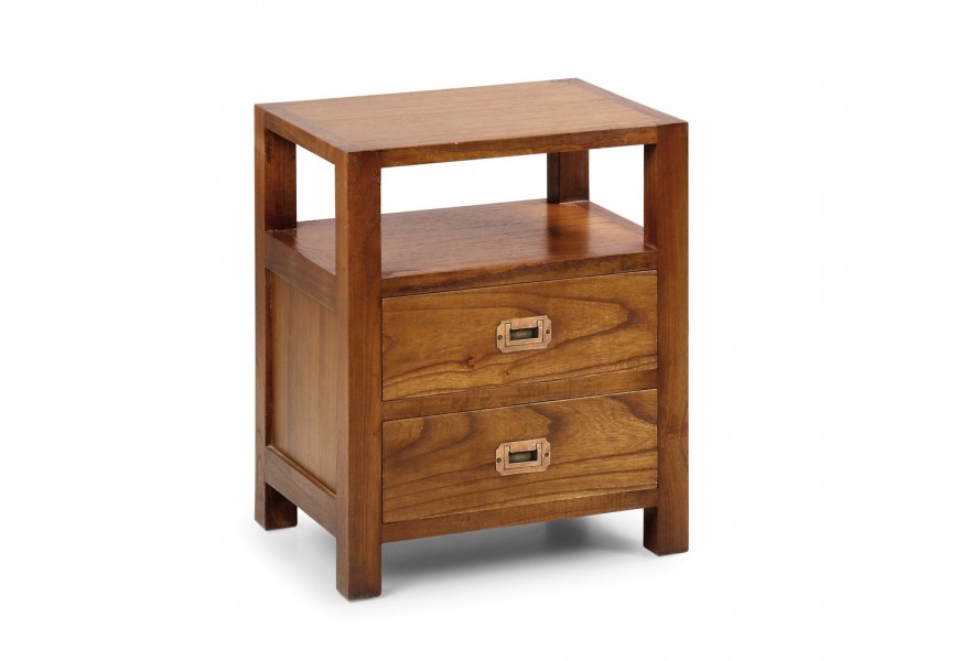 Masívny nočný stolík Star z dreva mindi v hnedej farbe s dvomi zásuvkami a poličkou
