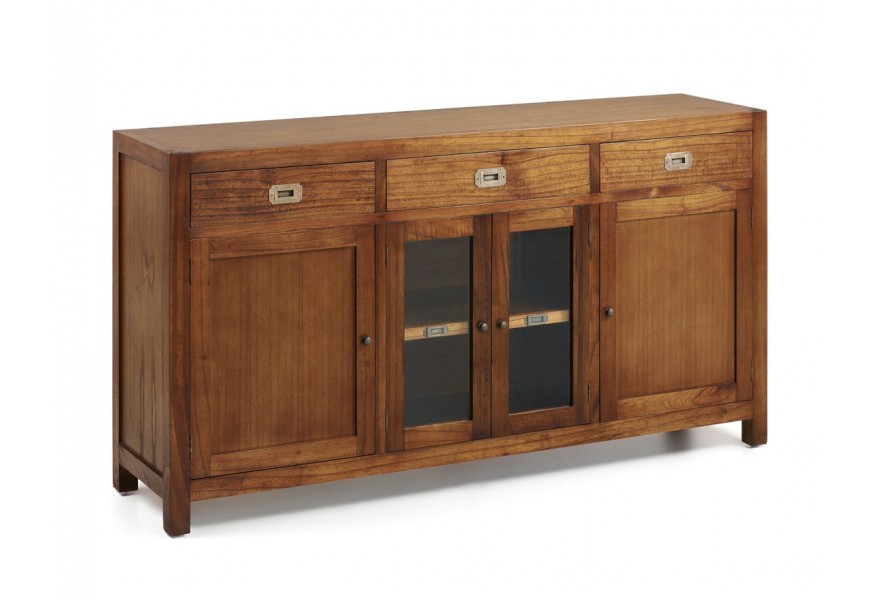 Elegantný masívny príborník Star v koloniálnom štýle z dreva mindi hnedej farby so zásuvkami a dvierkami
