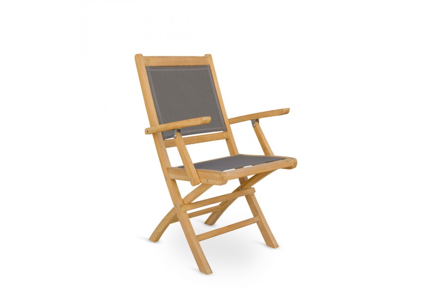 Dizajnová skladacia záhradná stolička Jardin z masívneho teakového dreva so sivým poťahom