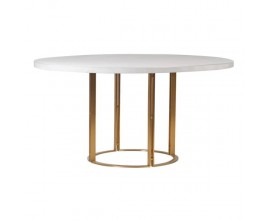 Art-deco okrúhly jedálenský stôl Mirina s bielou vrchnou doskou s betónovým povrchom a kovovou podstavou zlatej farby 150cm