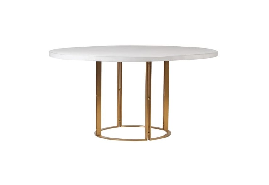 Moderný okrúhly jedálenský stôl Mirina v luxusnom prevedení s betónovým povrchom bielej dosky a s nožičkami v zlatej farbe