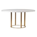 Moderný okrúhly jedálenský stôl Mirina v luxusnom prevedení s betónovým povrchom bielej dosky a s nožičkami v zlatej farbe