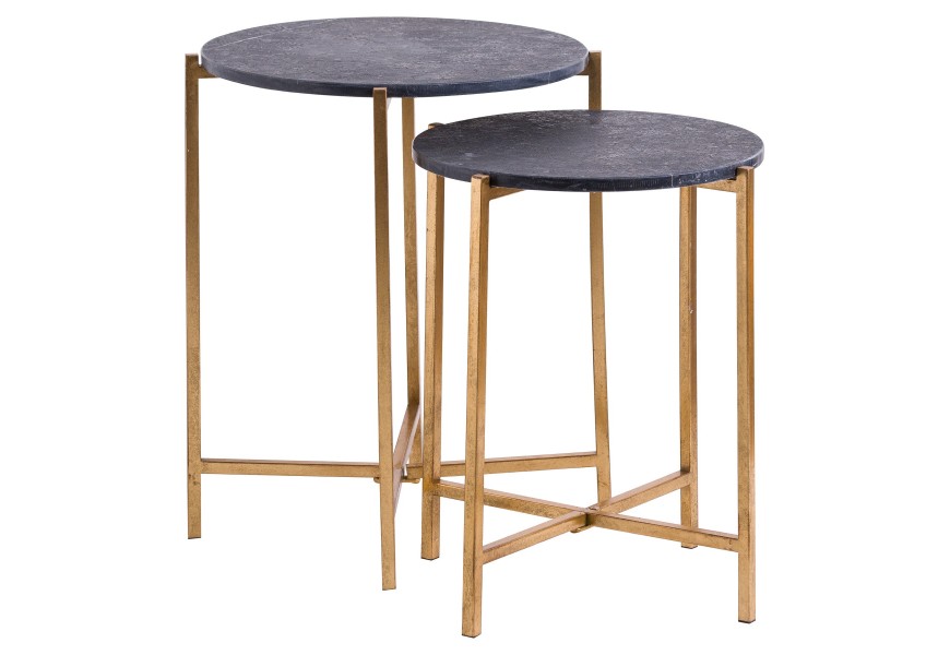 Art-deco mramorový set kruhových príručných stolíkov Barrela v čiernej farbe so zlatými kovovými nohami