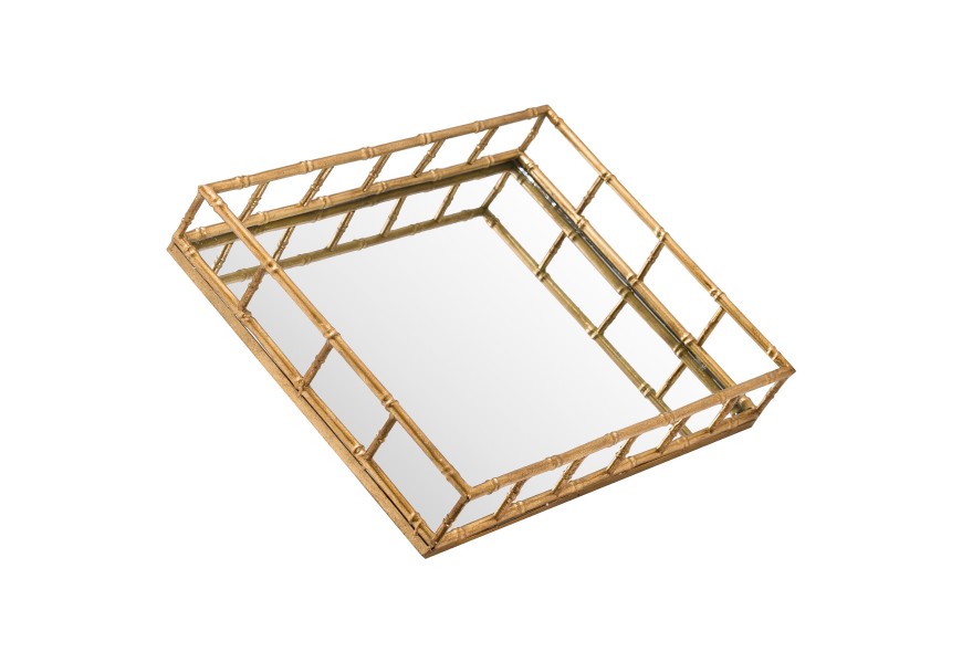 Dizajnový art-deco set dvoch zrkadlových podnosov Trasulfa so zlatou konštrukciou z kovu