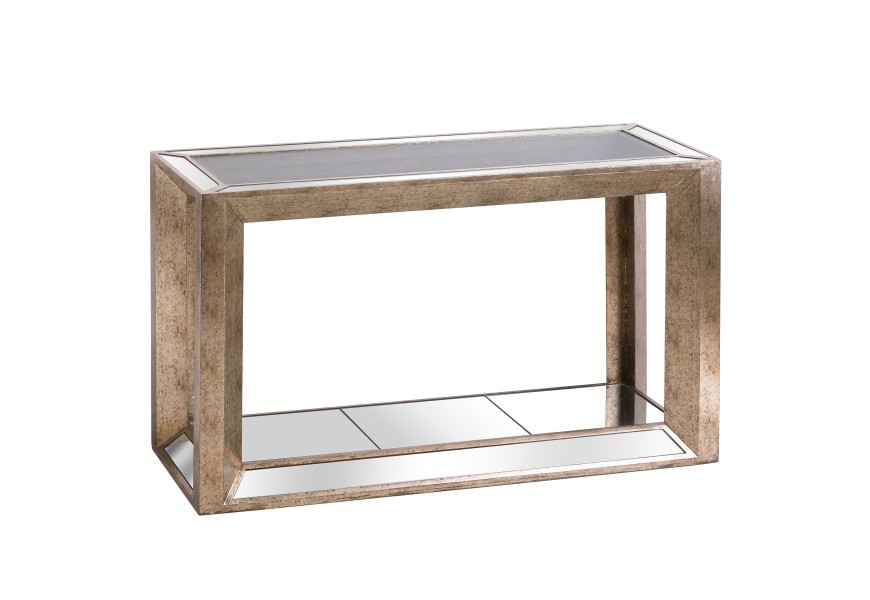 Dizajnová art-deco hranatá konzola v zlatej farbe so zrkadlovou doskou zo skla a drevenou konštrukciou