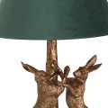 Dizajnová stolná lampa Liebre so zlatým podstavcom so zajacmi a s tmavozeleným tienidlom 48cm