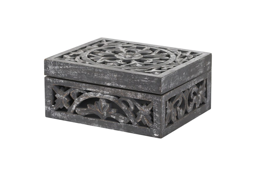 Orient&aacute;lna dizajnov&aacute; siv&aacute; dreven&aacute; &scaron;perkovnica Tanxil II s vyrez&aacute;van&yacute;m vzorom 28cm