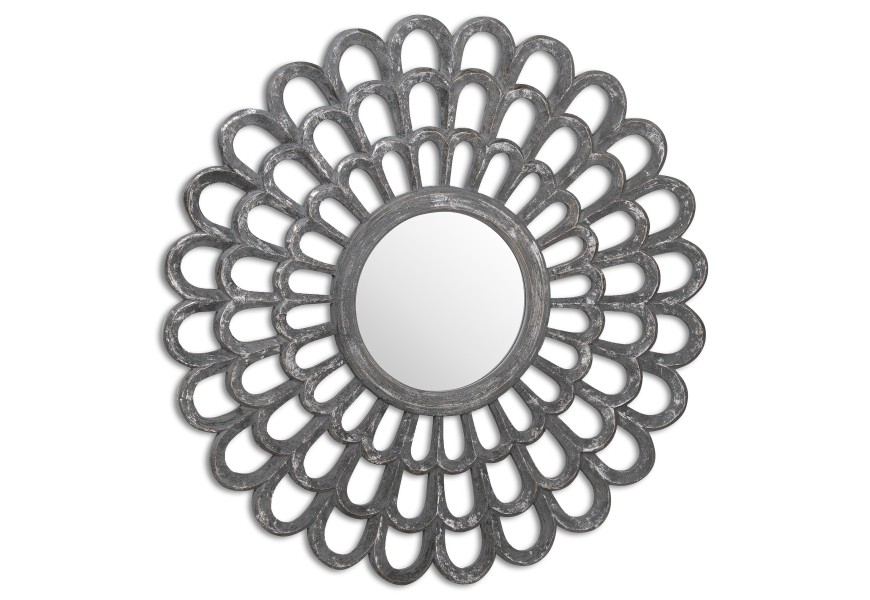 Vintage okrúhle nástenné zrkadlo Confurco s kovovým sivo-strieborným hrubým rámom