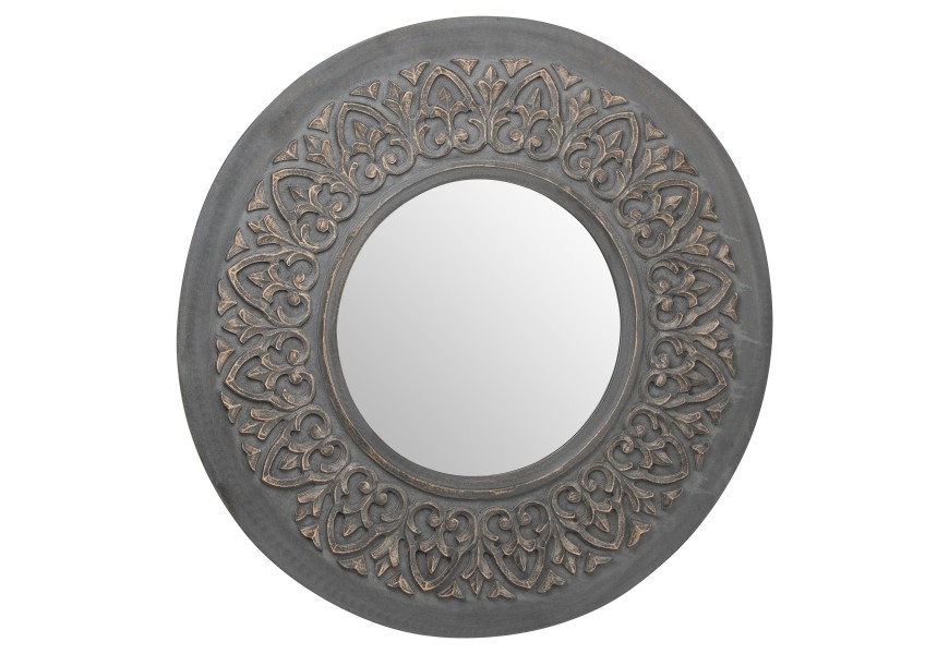 Vintage kruhové nástenné zrkadlo Edeira s veľkým vzorovaným rámom v sivej farbe 90cm 