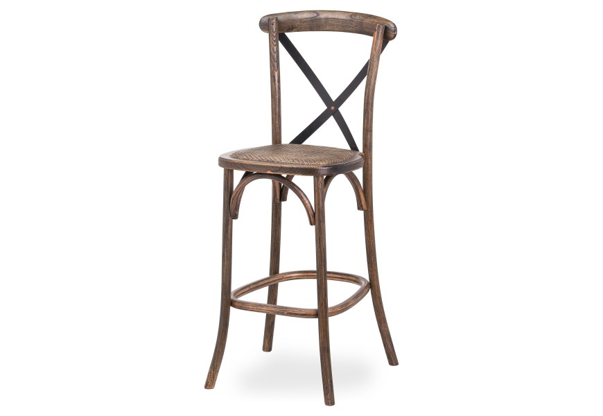 Vidiecka hnedá dubová barová stolička Nigoi s prekríženým čiernym kovovým operadlom 114cm 