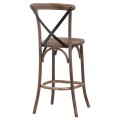 Vidiecka hnedá dubová barová stolička Nigoi s prekríženým čiernym kovovým operadlom 114cm 