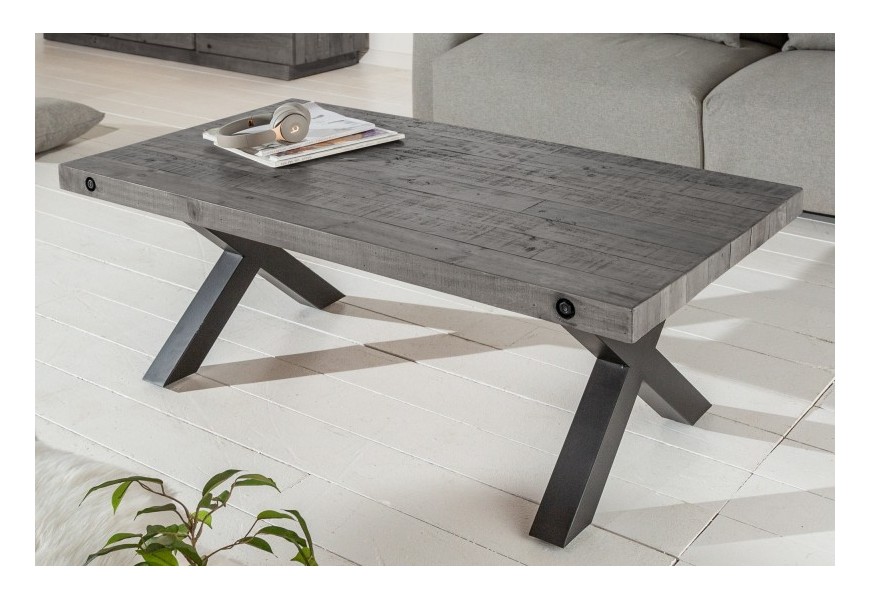 Štýlový industriálny konferenčný stolík Freyja z masívneho dreva a kovu v sivej farbe
