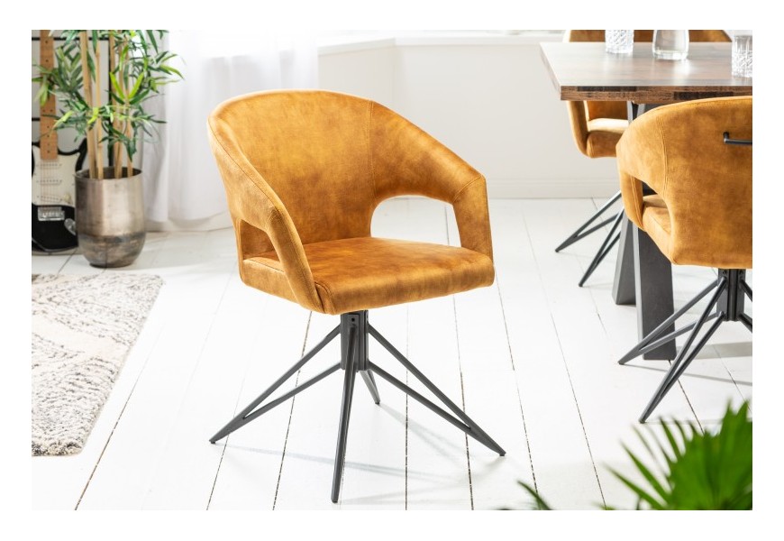 Štýlové otočné kreslo Eternidad v žltej farbe s oblým operadlom a podrúčkami