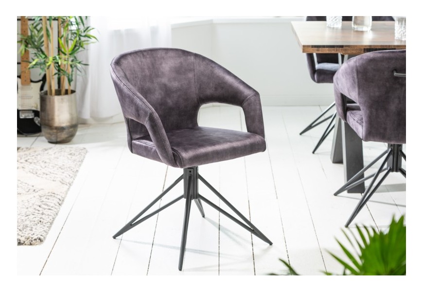 Dizajnové kreslo Eternidad s otočnou funkciou v sivej farbe zo zamatu s čiernymi kovovými nohami