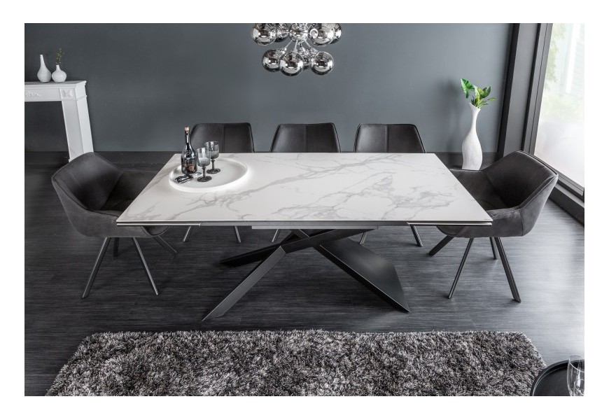 Mramorový šedo-biely keramický rozkladací jedálenský stôl Marmol s čiernou prekríženou konštrukciou z kovu