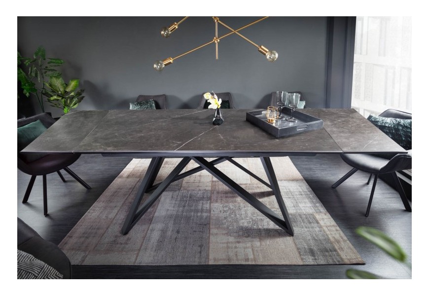 Mramorový šedý moderný rozkladací jedálenský stôl Epinal s prekríženými kovovými nohami