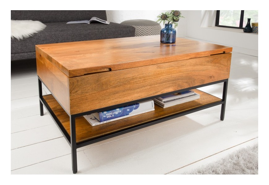 Industriálny vyklápací konferenčný stolík Factory z masívu s úložným priestorom 80cm