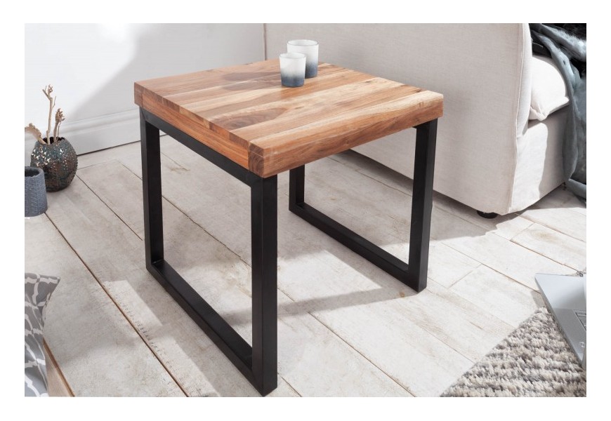Štýlový príručný stolík Elements z masívneho agátového dreva hnedej farby s čiernymi kovovými nohami