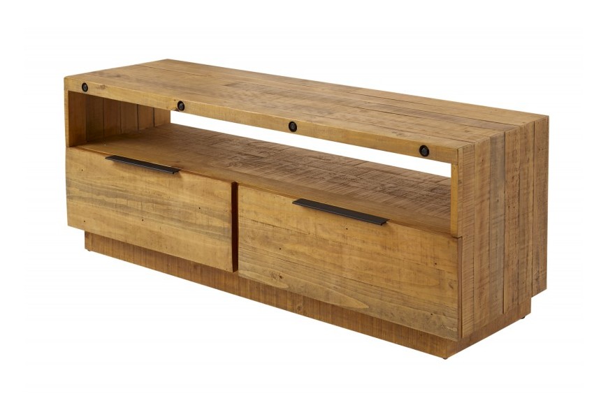 Moderný borovicový TV stolík Odair v hnedej farbe s industriálnymi prvkami z kovu