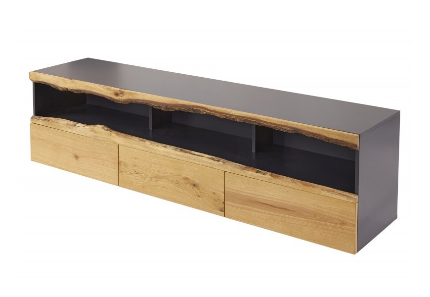 Moderný masívny sivo-hnedý TV stolík Lush Oak s trojicou dubových zásuviek