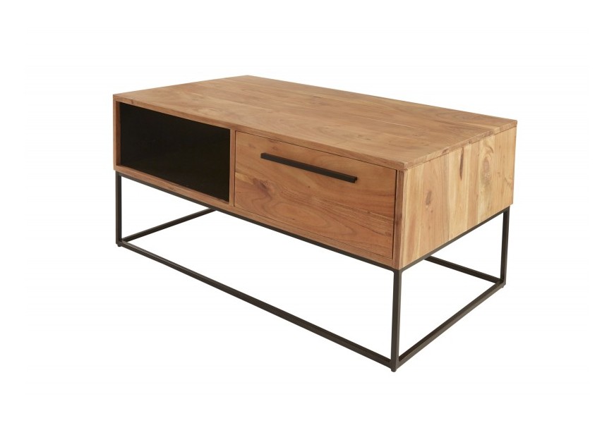 Masívny hranatý konferenčný stolík Linear s úložným priestorom z dreva akácie s čiernou kovovou konštrukciou