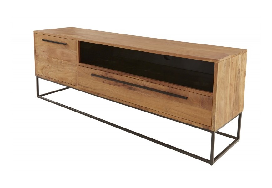 Moderný TV stolík Linear z dreva akácie s úložným priestorom a čiernou podstavou z kovu