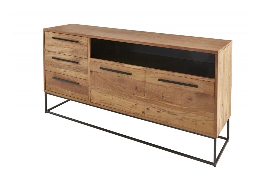 Masívna čierno-hnedá dlhá komoda Linear z akácie so zásuvkami a dvierkami 165cm