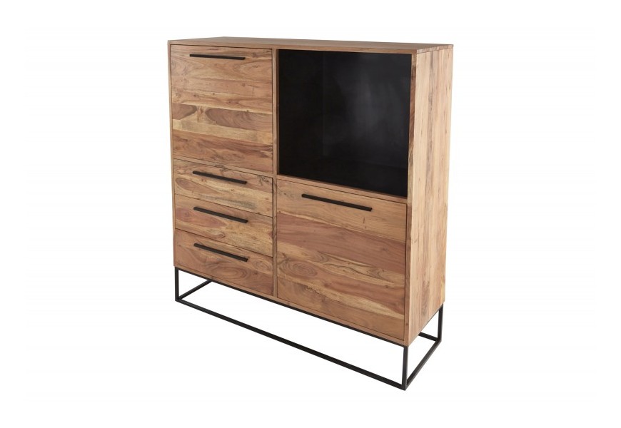 Moderná vysoká komoda Linear z masívneho dreva akácie na kovovej konštrukcii so zásuvkami aj dvierkami