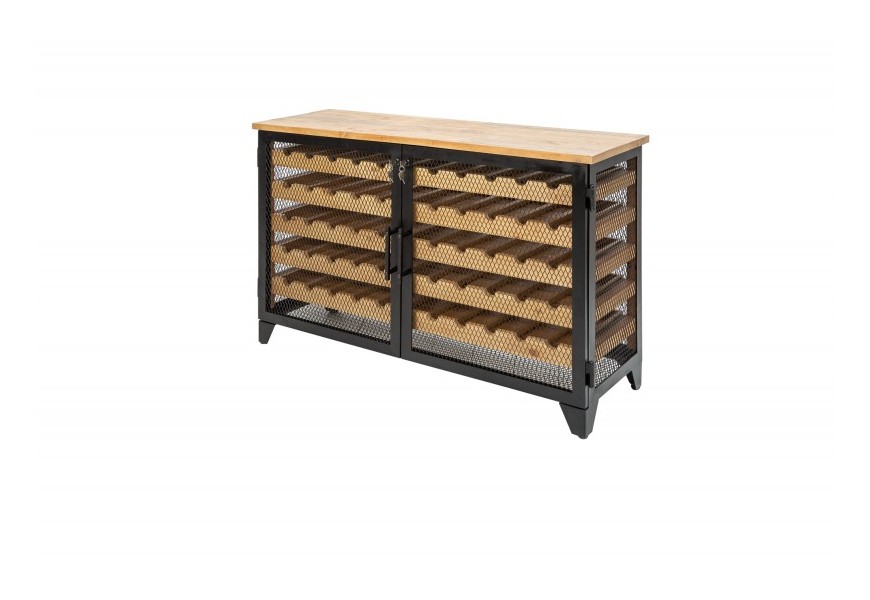 Masívna vinotéka Crawley so zásuvkami z borovice a čiernymi železnými nohami