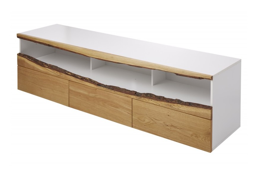 Modern&yacute; dlh&yacute; biely TV stol&iacute;k so z&aacute;suvkami z mas&iacute;vneho dubov&eacute;ho dreva 180cm