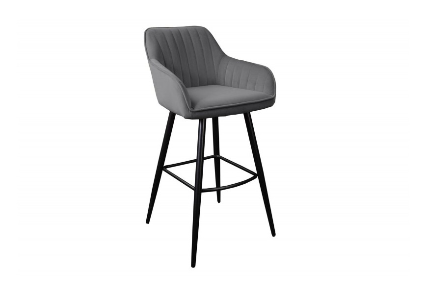 Moderná barová stolička Vittel zo zamatu v sivej farbe s čiernymi kovovými nohami 102cm