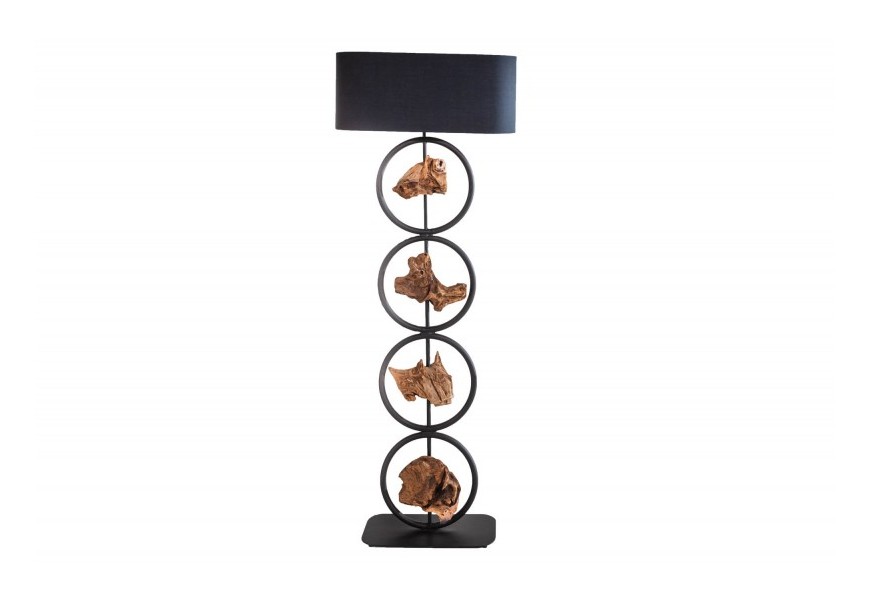 Jedinečná industriálna stojaca lampa Elements s masívnymi dekoratívnymi časťami a čiernym tienidlom