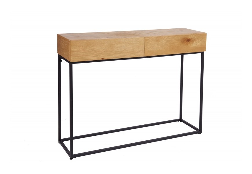 Štýlová hranatá dubová konzola Elements so zásuvkami a s kovovými nohami v čiernej farbe