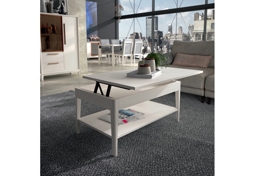 Luxusný vidiecky konferenčný stolík Estoril z masívneho dreva v bielej farbe s vyklápacou obdĺžnikovou vrchnou doskou s úložným priestorom a otvorenou policou so štyrmi valcovitými nohami